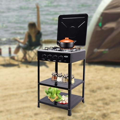 Portable Grill Gas Stove with 4 Burners, Heavy Duty Propane Gas Cooker Bbq Grill Camping Stove with Support Leg Bracket 2 Storage 300000 BTU Stove Propane for Cafeteria, Apartment, Outdoor Cooking