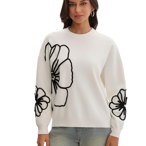 Froggirl Women's Floral Embroidered Crewneck Sweater Soft Knit Pullover Drop