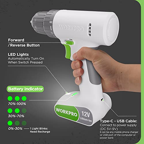 Workpro 12V Cordless Drill Driver Set, Electric Power Drill Tool Kit With 6 Pcs Bits, 3/8-Inch Keyless Chuck thumb #4