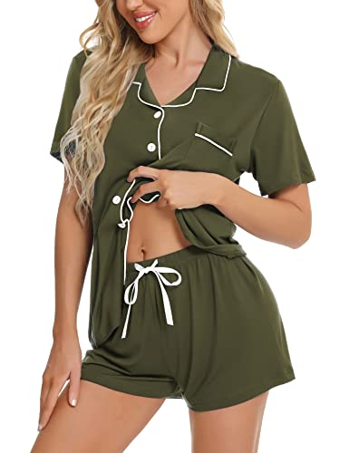 Image of SWOMOG Womens Button Down Pajamas Set Short Sleeve Sleepwear Bride Soft Pj Lounge Sets XS-3XL
