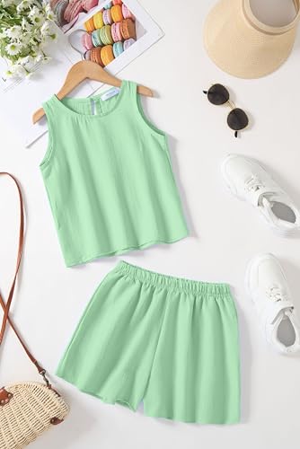 Image of Arshiner Girls Summer 2 Piece Outfit Sleeveless Top and Paperbag Waist Shorts with Pockets Kids Shorts Set Ages 5-13