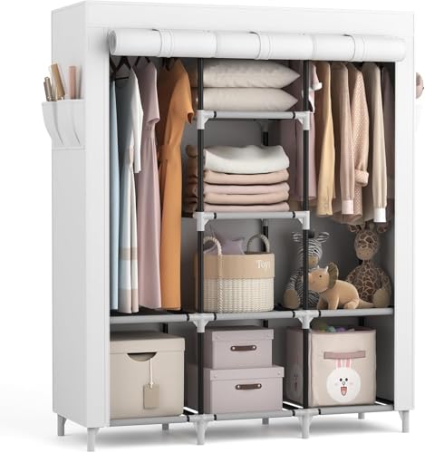 Vicye Armario de Tela para Ropa Plegable, Organizador Ropero con 2 Barra para Colgar, 8 Estantes y 4 Bolsillos Laterales, Marcos Metálicos, Gran Capacidad (Blanco 124 x 42 x 162 cm)