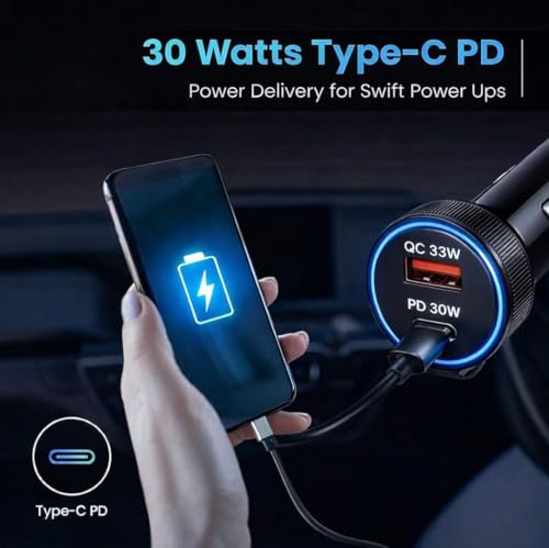 Image of Fast Charging Car Charger with Cable | USB Car Charger Adapter with Coiled Cable for Smartphones, GPS & Accessories | Safe, Durable & Compact Car Charging Solution