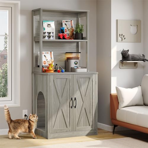 image for DWVO Large Hidden Litter Box Furniture With Shelves and Charging Stati