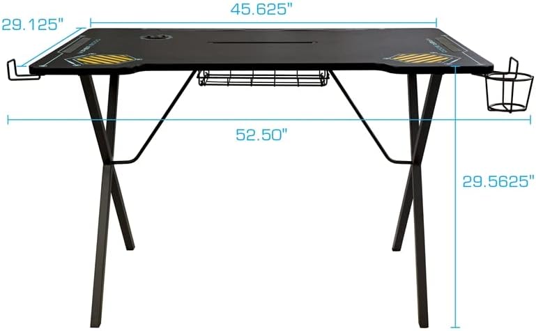 Atlantic Viper 3000 Gaming Desk – Single Laminated Surface, Heavy-Duty Steel X-Legs, Integrated LED, 3 USB 3.0 Ports, Smart Device Slot, Surge Protector Tray, Headset Hooks, PN 33906164 - Black