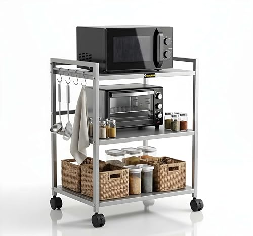 Image of Basic Build Heavy Duty 3 Tier Microwave Oven Stand for Kitchen | Multi-Purpose Metal Rack with Wheels | Storage Organizer for Oven, OTG, Air Fryer, Printer, and Appliances (Silver)