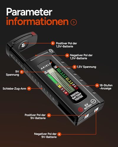 AKIELO+ Digitaler Batterietester (2er-Pack) mit LCD Anzeige – Universal Batterie Tester & präzises Batterieprüfgerät für Haushalt – Für AAA, AA, C, D, 9V & 1,5V Knopfzellen 5