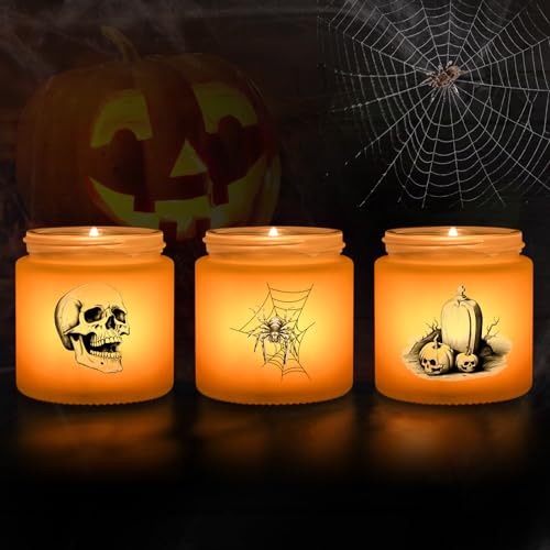 Image of BILOLLY 3 Pack Halloween LED Candles Decorations Indoor, Spooky Home Decor with Skulls, Spiders, Crow, Halloween Scented Candles for Home, Party, Holiday