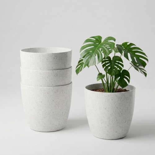 Image of YUCCABE ITALIA SHERA Stella 4 Inch Pack of 3 Piece Plastic Plant Pot for Home Decor Indoor Plant Pots for Living Room Plastic Flower Pot for Garden (Stone White, 10 INCH - 4 Pcs)