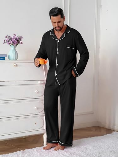 Image of QZH.DUAO Mens Pajama Set 100% Cotton Long Sleeve Button Down PJs
