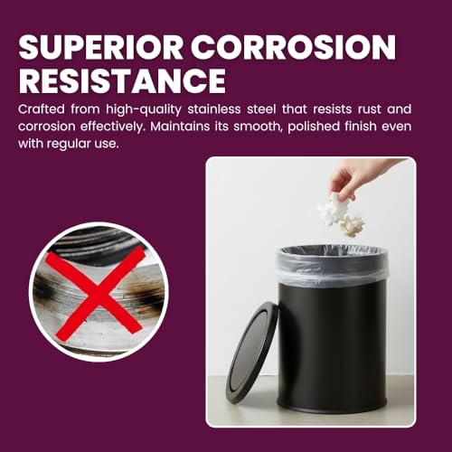 Image of OPR Swing Lid Dustbin - 20L | Black Stainless Steel Trash Can | 10 Inch (W) x 14 Inch (H) | Swing lid Steel dustbin for home with removable lid| For Kitchen, Bathroom, Office & Commercial Use (20 Ltr)