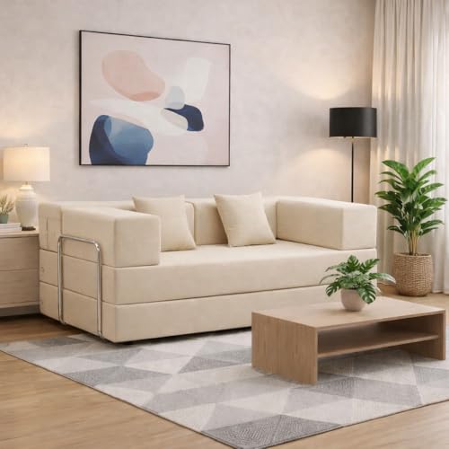 Image of Adorn India Easy Premium Modular 4 Seater Sofa Cum Bed | Velvet Suede Fabric | Colour Cream | Modern Design | Size 6x6 Fit | Comfortable for Seat & Sleep | Washable Cover | Perfect for Home & Office