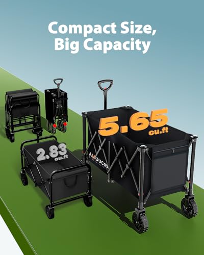 Image of Wagons Carts Foldable, 350LBS Collapsible Wagon with 360 Rotating Wheels, Brakes, and Side Pocket, Large Capacity 160L Wagon Cart for Shopping, Park, Camping and Outdoor Use