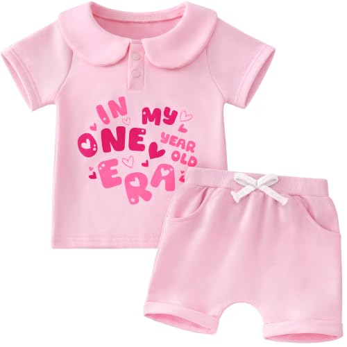 HONGTEYA Baby Girl First Birthday Outfit In My One Year Old Era Top Short Sleeve 1st Birthday Shirt Casual Shorts Set (Pink 12-18 Months)
