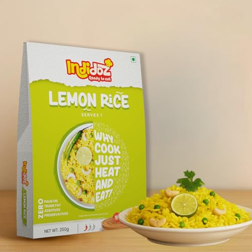 Indidoz Ready to Eat Lemon Rice | South Indian Style Tangy & Spiced Rice with Curry Leaves & Mustard Seeds | Authentic Flavoured Rice | Heat & Eat Meal | No Preservatives | 250g