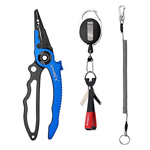 SAMSFX Locking Fishing Pliers Saltwater with Wire Lanyard Sheath and Quick Knot Tying