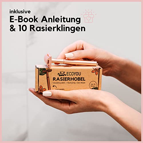 Foto von EcoYou Rasierhobel Metallic Rosé inkl. 10 Rasierklingen ZERO WASTE Rasierhobel Damen, inkl. E-Book Plastikfreier Nassrasierer - Sicherheitsrasierer & Sanft zur Haut Nachhaltiger Rasierer Herren