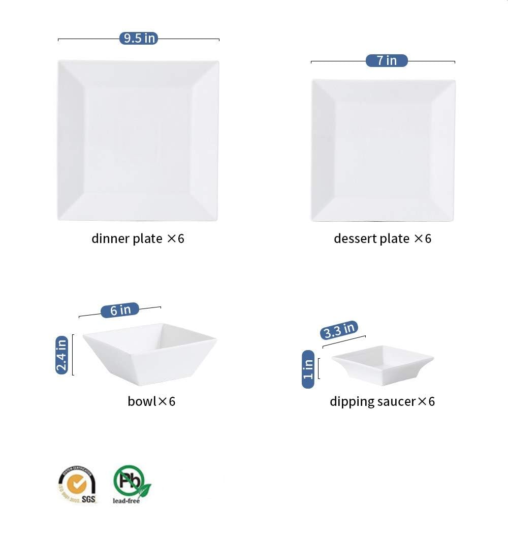Porlien 24-teiliges klassisches quadratisches Geschirr-Set für 6 cremefarbene Teller