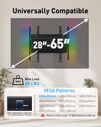 Image of PERLESMITH Full Motion TV Wall Mount with LED Lights for 28-65 Inch TVs, Pre-Assembled TV Mount Up to 88 lbs, Max VESA 400x400mm, Swivel, Extension, Tilt, Music Sync Backlights, Fits 12 /16 inch Wood Studs