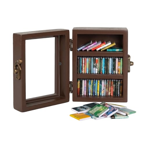 KHJCXS Anxiety Bookshelf Mini Bookshelf with 60PCS Mini Books Wooden Miniature Book Library for Book Lovers Home Room Office Decor (Brown)