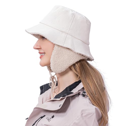 Hunterbee HAT2021080601Z Winter Warm Cloche Bucket Hat Polar Fleece Waterproof Rain Golf Visor Brim Cap Ear Flap Rainy Beige cover