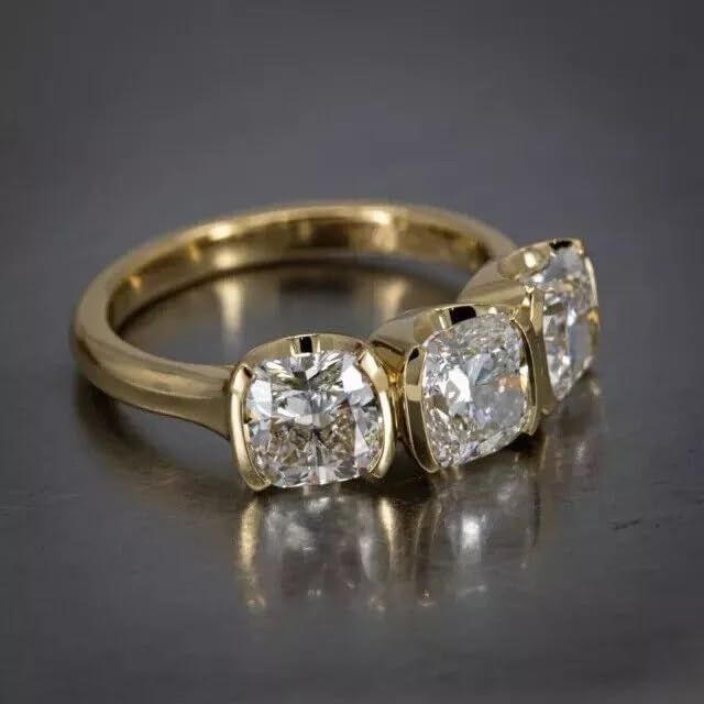 AARK & CO 3.00Ct Cushion Cut Lab Created Diamond Half Bezel Set Woman's Three Stone Wedding Ring 14K Yellow Gold Finish4