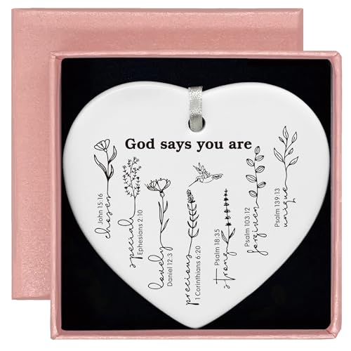 Heart Shaped White Ceramic Ornament-Christian Scripture Gift for Women-God Says You are Affirmation Religious Bible Verse Keepsake-Inspirational Birthday or Graduation Ornament Home Decor