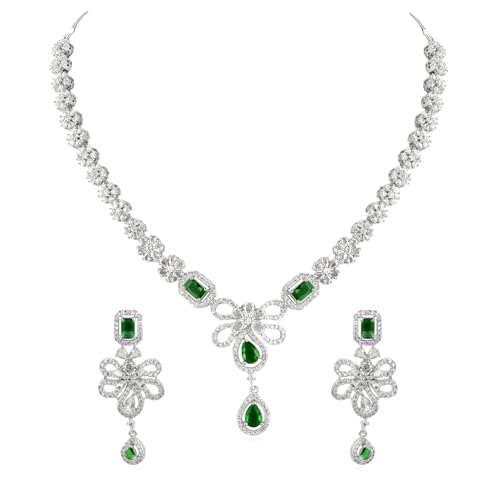 Image of Rubans Necklace Set Rhodium Plated Crystal Studded Jewellery Gift for Women & Girls