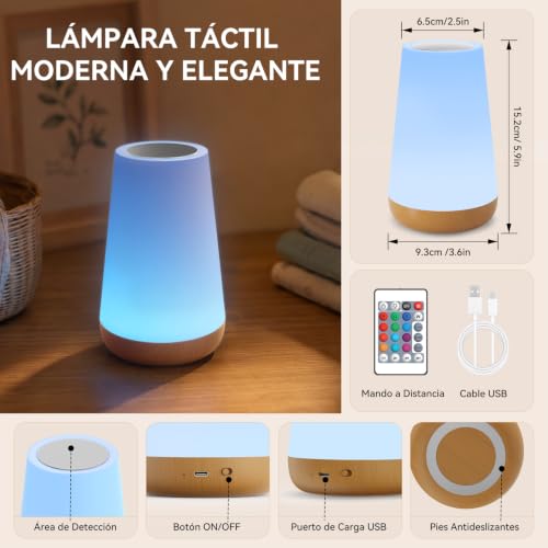 Miniatura 9 de Auxmir Lámparas De Mesita De Noche, Recargable 2500mah Con Usb, Luz Nocturna Led Sin Cable, Control Remoto Y Táctil, Temporizador, 13 Colores De Luz, Para Dormitorio Quitamiedos, Marrón Claro