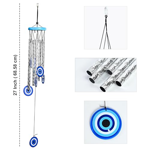 Image of ZAICUS 27-Inch Turkish Evil Eye Wind Chimes - Metal Hanging Decor for Home, Balcony, Living Room & Entrance - Positive Energy & Housewarming Gift for Women (Blue)