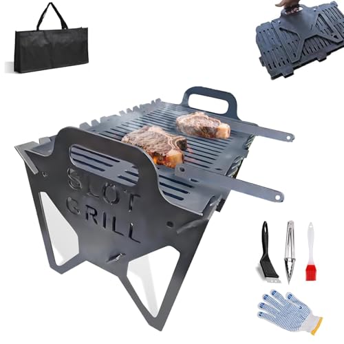 Slot Grill - Collapsible Bbq Grill, Portable Stainless Steel Foldable Charcoal Grills, Tool-Free Setup, Lightweight & Compact For Camping, Tailgating, Travel, Party, Outdoor Cooking (Grey)