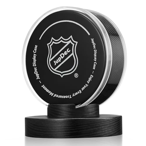 JupDec Hockey Puck Display Case Acrylic Clear Holder with Wood Base Autograph Souvenir Display Stand Perfect Showcase for Your Collection Black 1 Pack