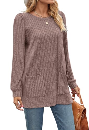 Image of OFEEFAN Long Sleeve Shirts for Women Long Sweaters with Pockets Tunic Tops Loose Fit