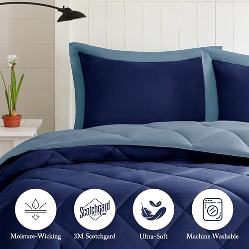 Image of Madison Park Comforter Set, Reversible Down Alternative All Season Microfiber Bedding, 3M Scotchgard Stain Release, King Dorm Comforter, Navy /Light Blue