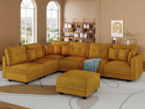 Image of LLappuil Modular Sectional Sofa with Storage, L-Shaped 7-Seat Corduroy Couch with 6 Throw Pillows, Pet-Friendly Convertible Sofa for Living Room & Apartment, Skin-Friendly, Yellow