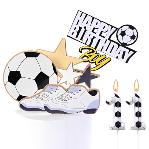 BLPRKOT Decoration Gateau Foot, Deco Gateau Foot,Toppers de Cupcake d'anniversaire de Football, Football Anniversaire Bougies 11 ans, Decoration Gateau Anniversaire...