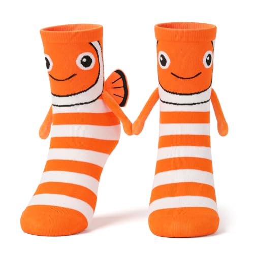 COZYMATE Funny Fish Magnetic Socks That Holding Hand for Women Men Novelty Wacky Animal Socks for Adults Xmas Gag Gifts (US Alpha One Size Regular Regular Orange)