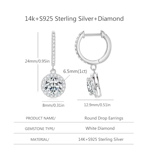 14K Gold Over S925 Sterling Silver Round Drop Earrings for Women with 1ct D-color VVS1 Clarity Diamond Hoop Earrings2