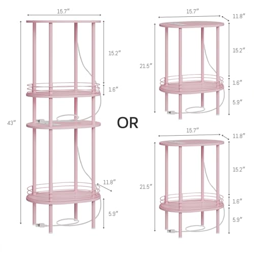 Image of Small Oval Side Table with Charging Station, 2-Tier Pink Round End Table | Narrow Nightstand with USB Ports and Outlets, Bedside Table for Small Space - Living Room, Bedroom, Nursery,(1PC,Pink)