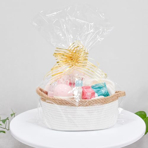 Image of ABenkle Small Basket with Handles, Boho Decorative Rope Woven Dog Cat Toy Storage Bin Shelf Storage Organizer, Easter Christmas Gift Basket, 12 inchx8 inchx5 inch