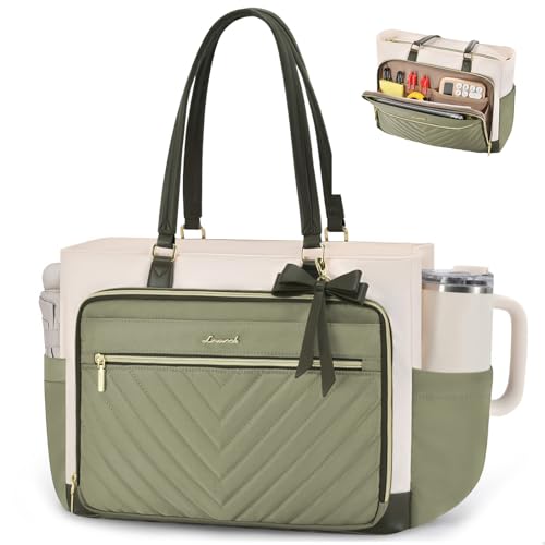 Image of LOVEVOOK Laptop Tote Bag for Women, Work Bag for Teacher with Large Cup Holder, Quilted Nurse Diaper Bag for Travel, Computer Women's handbags for Teacher gift, 15.6 Inch