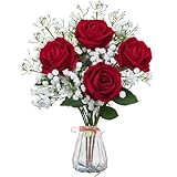 16 Stück blumenstrauß künstlich, 30cm, mit 4 künstliche rosen 12 Schleierkraut Künstliche, Künstliche Blumen Rot, Seidenblumen, Rosen Künstlich wie echt für Heimdeko Valentinstag Muttertag Hochzeit