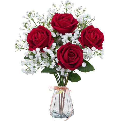 16 Stück blumenstrauß künstlich 30cm mit 4 künstliche rosen 12 Schleierkraut Künstliche Künstliche Blumen Rot Seidenblumen Rosen Künstlich wie echt für Heimdeko Valentinstag Muttertag Hochzeit