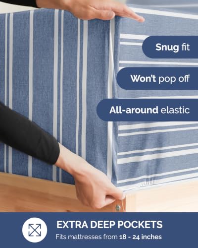 Image of Extra Deep Flex Top Split Head King Fitted Sheet - Hotel Luxury Single Fitted Sheet Only - Easily Fits 18 inch to 24 inch Mattress - Ultra Soft, Wrinkle Free w /Extra Deep Pockets - Blue Stripes 3