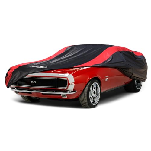 Image of Car Cover Custom Fit for Chevy Camaro 1967-1992 | Red Strip Design, Cotton Liner for Paint Protection, Sun Rain Snow UV Proof, Door Zipper, Windproof Buckle, Storage Bag