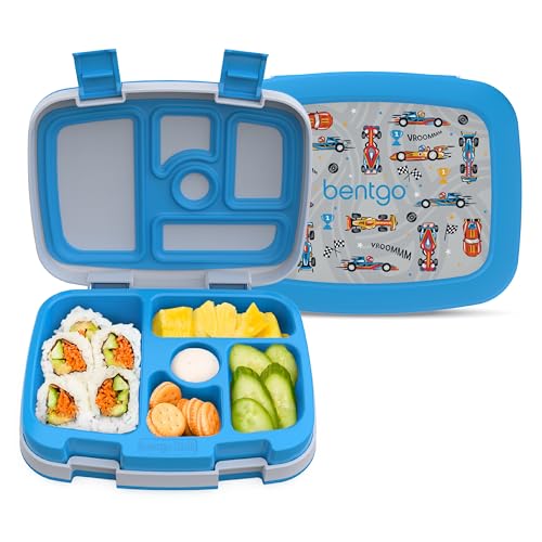 Image of Bentgo Kids Prints Leak-Proof, 5-Compartment Bento-Style Kids Lunch Box - Ideal Portion Sizes for Ages 3-7, Durable, Drop-Proof, Dishwasher Safe, PFAS- & BPA-Free Materials (NEW Race Cars)