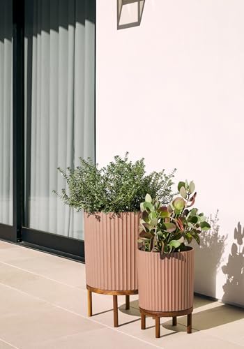 Image of Veradek Demi Series Raised Duo Planters - Set of 2 Planters with Stands | Made From a Durable Plastic-Stone Composite & Comes With Wooden Stand. Modern Porch /Patio Decor