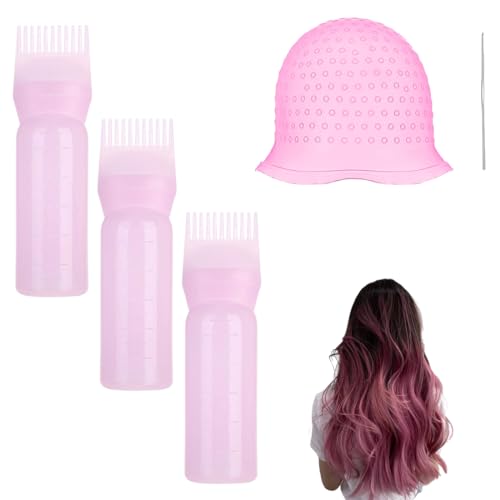Strumenti Per La Colorazione Dei Capelli,5 Pezzi,Flaconi applicatori a pettine con scala graduata,Cappucci In Silicone per Tinture,Cuffia Per Meches Con Ganci