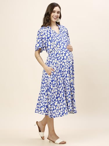 Image of MomToBe Womens Fit And Flare Midi Rayon Maternity /Pregnancy /Easy Breastfeeding /Western Dress with Zippers for Nursing Pre and Post Pregnancy