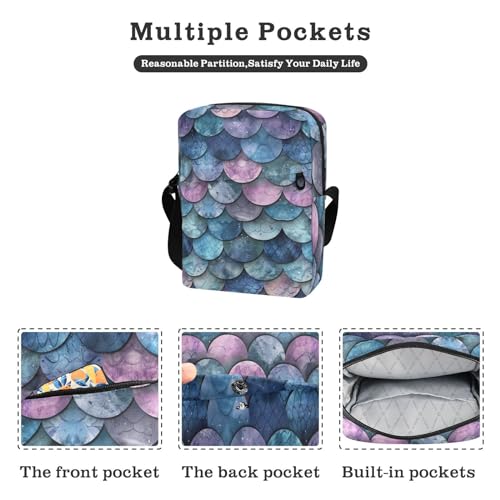 Crossbody Bag Blue Purple Mermaid Scale Messenger Bag for Women Men Purse Shoulder Bag Satchel Bag with Adjustable Strap 214B33672